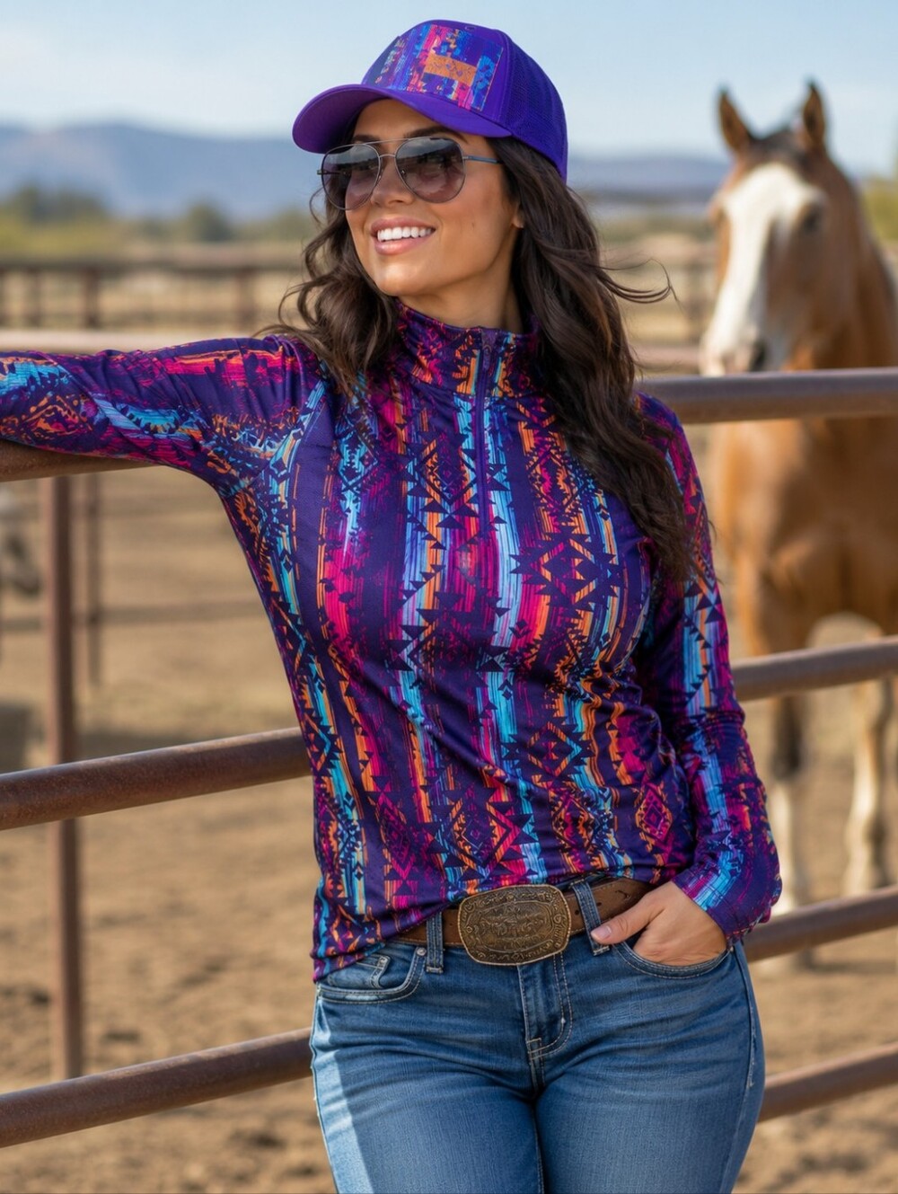 RANCH DRESS'N Fallon Taylor "Purple Southwest" Performance Sun Shirt sz XL EUC